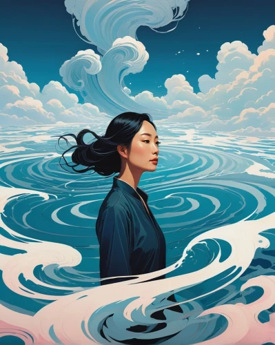 the wind from the sea,japanese waves,adrift,japanese wave,sci fiction illustration,junshan yinzhen,han thom,wind wave,rogue wave,ocean,mulan,the sea maid,ocean waves,immersed,digital illustration,flowing,water waves,the people in the sea,world digital painting,water lotus,Illustration,Vector,Vector 05
