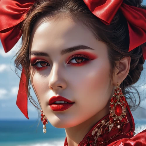 geisha girl,geisha,romantic portrait,fantasy portrait,lady in red,romantic look,vintage makeup,bright red,oriental princess,queen of hearts,shades of red,fantasy art,red skin,oriental girl,world digital painting,red rose,red berries,red hat,red roses,poppy red,Photography,General,Realistic