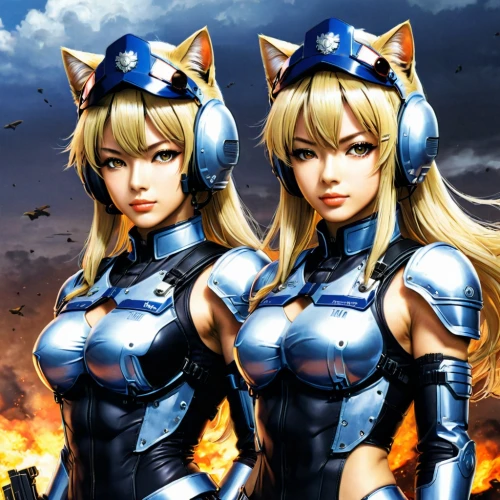 angels of the apocalypse,foxes,two cats,cat warrior,kittens,heavy object,anime 3d,lancers,police uniforms,game characters,cats,patrols,storm troops,felines,officers,protectors,bad girls,helmets,duo,katz,Illustration,Japanese style,Japanese Style 09