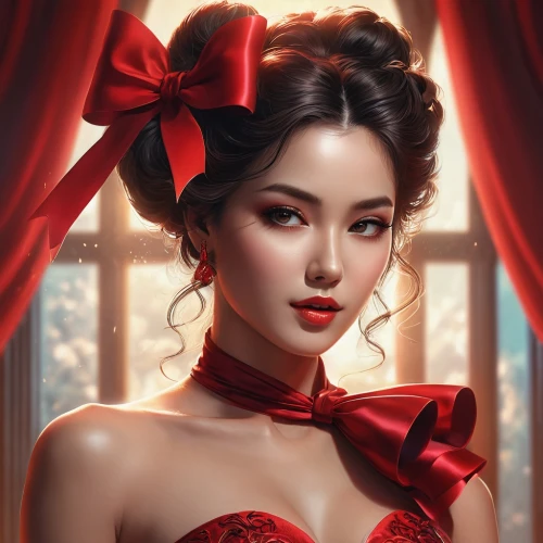 red bow,lady in red,romantic portrait,red rose,oriental princess,red gown,red roses,fantasy portrait,man in red dress,geisha girl,oriental girl,red gift,red ribbon,geisha,red berries,red petals,red tablecloth,valentine pin up,red flower,valentine day's pin up,Photography,Artistic Photography,Artistic Photography 15