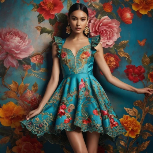 floral dress,vintage floral,quinceañera,colorful floral,floral background,floral,quinceanera dresses,floral heart,girl in flowers,cocktail dress,doll dress,a girl in a dress,vintage dress,quince decorative,beautiful girl with flowers,jasmine blue,vintage flowers,flower fabric,flower fairy,dress doll,Photography,General,Fantasy