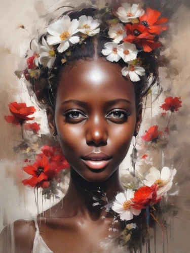 african art,girl in flowers,girl in a wreath,oil painting on canvas,african daisies,cloves schwindl inge,african woman,flower girl,afro american girls,flower painting,mystical portrait of a girl,afro american,afro-american,oil on canvas,wreath of flowers,benin,flora,oil painting,african american woman,beautiful girl with flowers