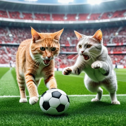 animal sports,cats playing,soccer,soccer kick,footballer,football,sports,playing football,footbal,sports game,football fans,felines,children's soccer,women's football,two cats,soccer team,soccer-specific stadium,playing sports,sporting group,soccer ball,Photography,General,Realistic