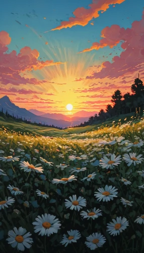 blooming field,flower field,sun daisies,field of flowers,sunflower field,daisies,australian daisies,summer meadow,flowers field,meadow landscape,flower in sunset,blanket of flowers,meadow in pastel,sea of flowers,flower painting,dandelion meadow,cosmos field,landscape background,flower meadow,dandelion field,Conceptual Art,Fantasy,Fantasy 32