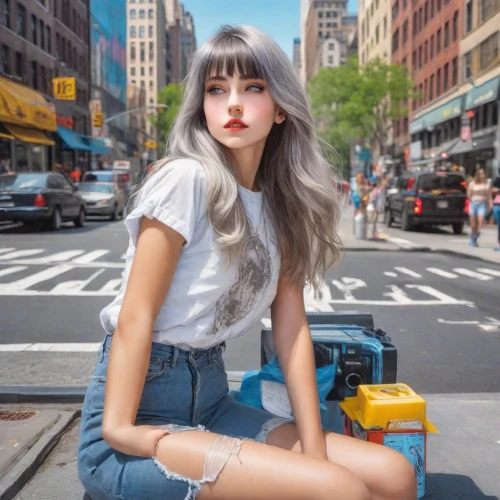 ny,retro girl,nyc,new york streets,retro woman,vintage girl,girl in overalls,on the street,model beauty,inka,model doll,city ​​portrait,beautiful model,new york,vintage angel,pretty young woman,fashion street,girl sitting,model-a,fashionable girl,Photography,Realistic