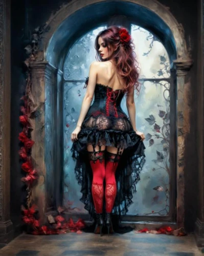 gothic fashion,gothic woman,queen of hearts,gothic style,marionette,gothic portrait,gothic dress,fantasy picture,redhead doll,fantasy art,gothic,in the door,creepy doorway,faery,open door,dollhouse,doll house,red rose,dark angel,fairy tale character