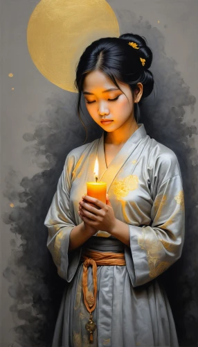 girl praying,praying woman,chinese art,woman praying,oil lamp,burning candle,lighted candle,candlemaker,oriental painting,candle light,candlelights,candlelight,vietnamese woman,sewol ferry disaster,candle,the prophet mary,korean culture,golden candlestick,tea light,illuminated lantern,Illustration,Japanese style,Japanese Style 18