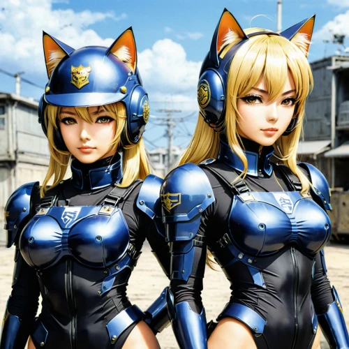 foxes,anime 3d,police uniforms,two cats,sega,cat ears,kotobukiya,stand models,game characters,heavy object,felines,helmets,cats,catlike,female hares,kittens,lancers,patrols,fallout4,stray cats,Illustration,Japanese style,Japanese Style 09