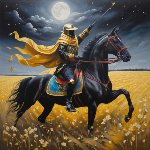 horseman,bronze horseman,conquistador,cavalry,man and horses,matador,yi sun sin,black horse,el dorado,scythe,pilgrim,canola,the order of the fields,fantasy art,cavalry trumpet,ranger,joan of arc,beagador,khokhloma painting,schutzhund,Illustration,Realistic Fantasy,Realistic Fantasy 24