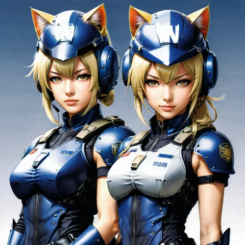 two cats,foxes,cat warrior,felines,police uniforms,anime 3d,cats,helmets,kotobukiya,catlike,heavy object,wildcat,shoulder pads,game characters,kittens,breed cat,lancers,cat ears,cat image,cosplay image,Illustration,Japanese style,Japanese Style 09