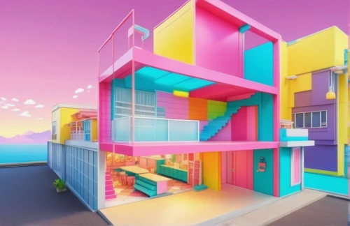 cubic house,cube house,cube stilt houses,sky apartment,colorful facade,beachhouse,an apartment,apartment block,apartment house,lego pastel,beach house,cubic,isometric,doll house,multi-storey,3d fantasy,panoramical,apartment building,3d rendering,colorful city,Illustration,Japanese style,Japanese Style 02