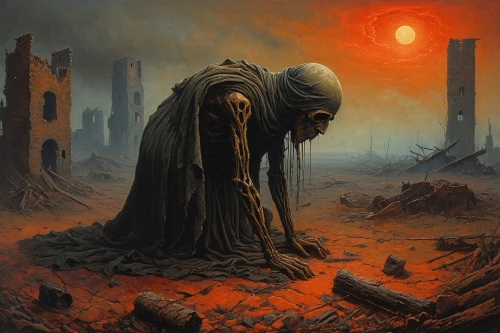 dance of death,dead earth,desolation,erbore,primitive man,death's-head,disfigurement,sepulchre,scorched earth,death angel,pall-bearer,death god,death's head,hinnom,necropolis,corrosion,death head,corroded,barren,dormant,Conceptual Art,Oil color,Oil Color 06