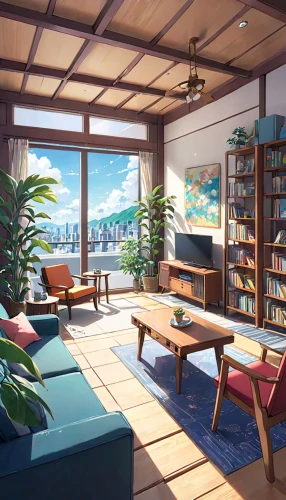 japanese-style room,livingroom,apartment lounge,study room,living room,sky apartment,reading room,tropical house,modern room,honolulu,loft,shared apartment,apartment,penthouse apartment,an apartment,ryokan,bookshelves,sitting room,modern living room,hawaii bamboo,Anime,Anime,Realistic