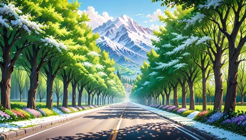 mountain road,forest road,alpine drive,mountain highway,tree-lined avenue,tree lined lane,coniferous forest,snow slope,maple road,landscape background,mountain scene,japanese alps,salt meadow landscape,racing road,evergreen trees,row of trees,green forest,temperate coniferous forest,road,mount scenery,Anime,Anime,General