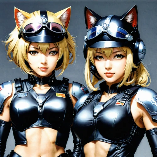 anime 3d,felines,two cats,bad girls,police uniforms,helmets,game characters,cats,kittens,stray cats,neo geo,kotobukiya,playstation 2,patrols,foxes,cat ears,sega,catlike,stand models,motorboat sports,Illustration,Japanese style,Japanese Style 09