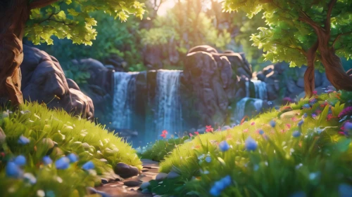 fairy forest,elven forest,a small waterfall,druid grove,fairy world,enchanted forest,forest glade,fairytale forest,ash falls,fantasy landscape,fairy village,cartoon video game background,ravine,forest of dreams,waterfall,water falls,green waterfall,the brook,wasserfall,3d fantasy,Photography,General,Cinematic