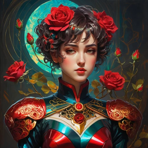 fantasy portrait,queen of hearts,fantasy art,mystical portrait of a girl,fantasy woman,geisha,artemisia,flora,rosa ' amber cover,red rose,rosa,porcelain rose,geisha girl,transistor,noble rose,red petals,world digital painting,noble roses,masquerade,zodiac sign gemini,Conceptual Art,Fantasy,Fantasy 21