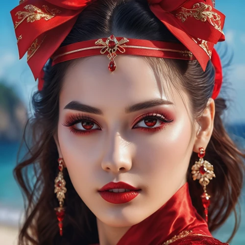 oriental princess,mulan,oriental girl,vietnamese woman,asian costume,inner mongolian beauty,miss vietnam,geisha,oriental,eurasian,asian vision,vintage asian,geisha girl,asian woman,fantasy portrait,vintage makeup,red tunic,vietnamese,beauty face skin,romantic portrait,Photography,General,Realistic