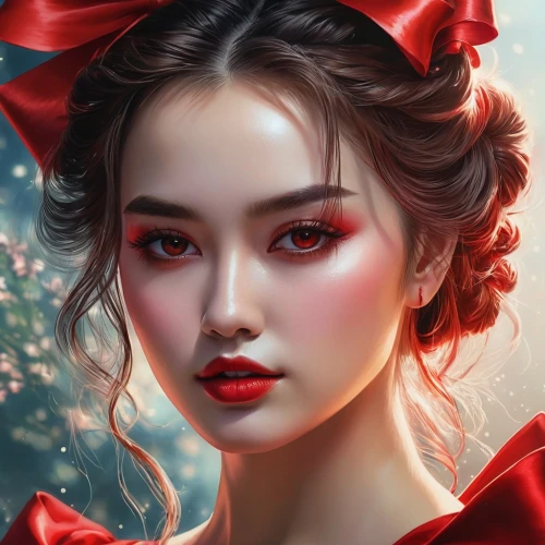 fantasy portrait,geisha girl,geisha,world digital painting,mystical portrait of a girl,chinese art,digital painting,red bow,romantic portrait,oriental princess,portrait background,lady in red,red rose,queen of hearts,oriental girl,red berries,fantasy art,red plum,scarlet witch,red lantern,Photography,Documentary Photography,Documentary Photography 37