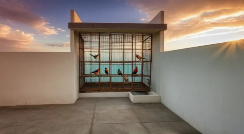block balcony,lifeguard tower,roof terrace,sky apartment,patio,window with sea view,window with shutters,dunes house,glass tiles,glass wall,glass window,bird cage,courtyard,glass panes,inside courtyard,balcony,observation deck,lattice window,the observation deck,lattice windows