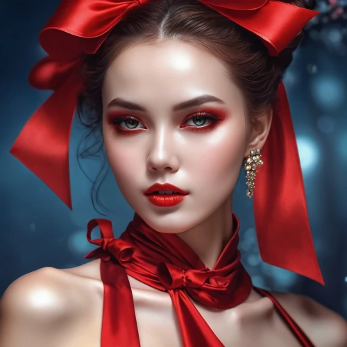 red bow,red gift,lady in red,red rose,red ribbon,fantasy portrait,red berries,red roses,romantic portrait,world digital painting,red flower,red gown,queen of hearts,red snowflake,red petals,geisha girl,bright red,red lips,geisha,digital painting,Photography,General,Realistic