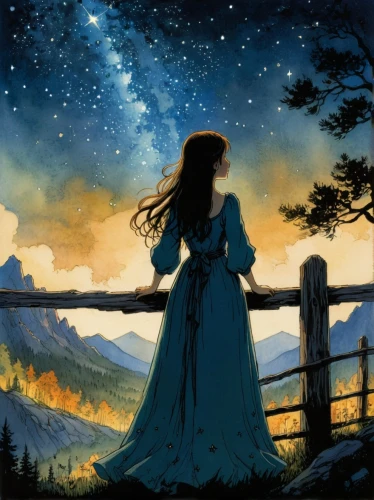 fantasy picture,fairy tale,fairytales,a fairy tale,merida,starry sky,fairy tales,enchanted,blue moon rose,the moon and the stars,fairytale,the spirit of the mountains,mountain spirit,falling star,celtic woman,fantasia,sci fiction illustration,children's fairy tale,the night sky,the snow queen,Illustration,Realistic Fantasy,Realistic Fantasy 04