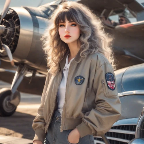 aviator,bomber,fighter pilot,vintage angel,vintage girl,air force,vintage women,retro girl,retro women,vintage woman,national parka,parka,50's style,us air force,vintage style,retro woman,aviation,airman,aviator sunglass,vintage girls,Photography,Cinematic