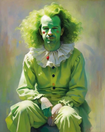 it,scary clown,creepy clown,clown,horror clown,patrol,syndrome,oil on canvas,rodeo clown,frankenstein,bodypainting,painting technique,head of lettuce,self portrait,menta,self-portrait,wicked witch of the west,artist portrait,halloween frankenstein,green tomatoe,Digital Art,Impressionism