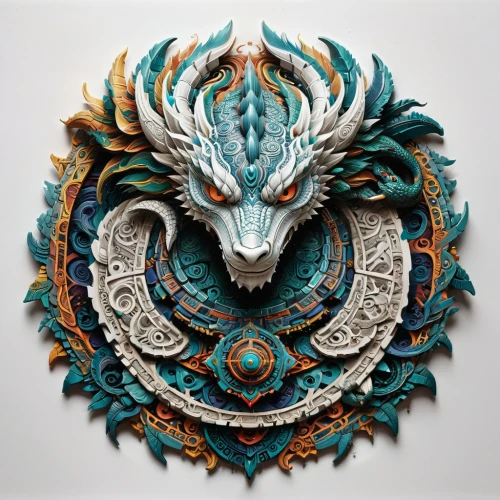 garuda,dragon design,painted dragon,dragon,paper art,masquerade,patung garuda,wyrm,ornate,fractalius,peacock,venetian mask,intricate,dragon of earth,ornamental bird,chinese dragon,trioceros,goki,tribal bull,wood carving,Illustration,Realistic Fantasy,Realistic Fantasy 25