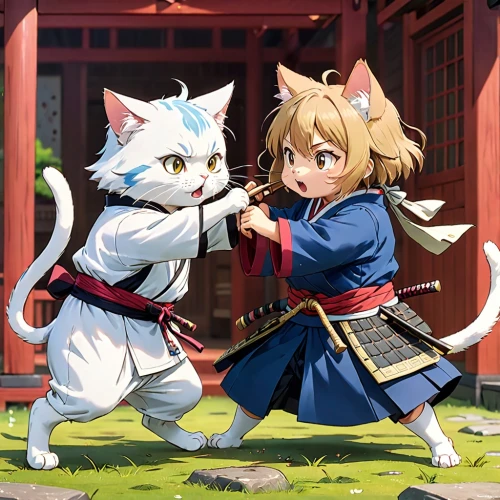 cat warrior,two cats,battōjutsu,kitsune,nyan,inari,lucky cat,cat kawaii,chinese pastoral cat,dog - cat friendship,horumonyaki,aikido,dog and cat,cat child,cats playing,sword fighting,martial arts,felines,fighting stance,dog cat,Anime,Anime,Traditional