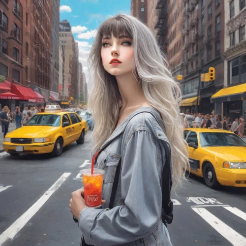 orange drink,new york streets,ny,aperol,pedestrian,city ​​portrait,girl in a long,orange soft drink,leninade,a pedestrian,on the street,fanta,bubble tea,photoshop manipulation,sip,nyc,new york,newyork,orangina,tangerine,Photography,Realistic