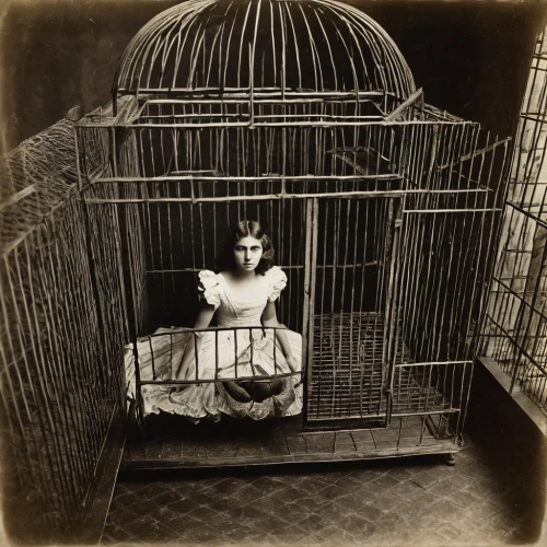 cage bird,captivity,prisoner,queen cage,bird cage,arbitrary confinement,birdcage,cage,silent screen,fool cage,vintage halloween,prison,panopticon,ambrotype,detention,vintage woman,silent film,conceptual photography,scared woman,ethel barrymore - female,Photography,Black and white photography,Black and White Photography 15