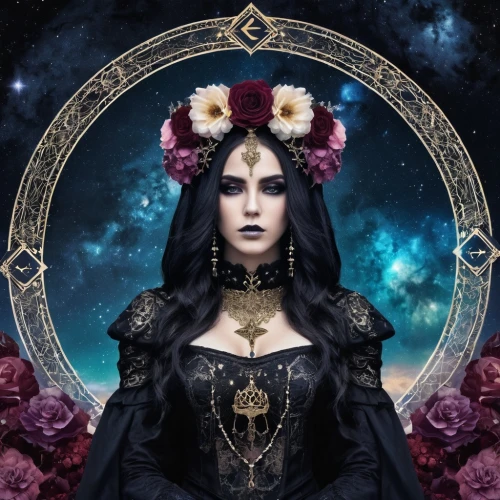zodiac sign libra,gothic portrait,seven sorrows,priestess,elven flower,queen of the night,widow flower,sorceress,zodiac sign gemini,gothic woman,fantasy portrait,artemisia,the enchantress,celtic queen,gothic fashion,wind rose,flowers celestial,flower of life,star mother,kahila garland-lily,Illustration,Realistic Fantasy,Realistic Fantasy 46