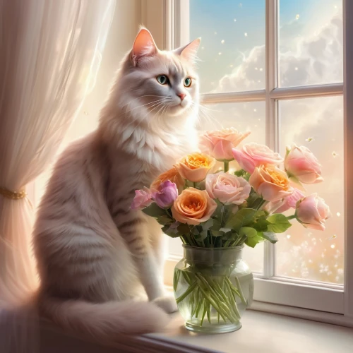 flower cat,beautiful girl with flowers,splendor of flowers,holding flowers,flower background,romantic portrait,flower delivery,cute cat,with a bouquet of flowers,flower animal,floral greeting,blossom kitten,beautiful flowers,flower bouquet,beautiful flower,flower arranging,bouquet of flowers,flowers png,flower vase,cat image,Illustration,Realistic Fantasy,Realistic Fantasy 01