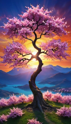 sakura tree,cherry blossom tree,blossom tree,japanese sakura background,flourishing tree,lilac tree,colorful tree of life,flower tree,blooming tree,magnolia tree,sakura trees,flowering tree,blossoming apple tree,sakura background,tree blossoms,purple landscape,the japanese tree,cherry tree,blooming trees,landscape background,Illustration,Realistic Fantasy,Realistic Fantasy 20