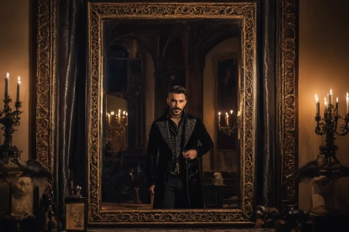 four poster,the mirror,four-poster,gothic portrait,dracula,magic mirror,mirrors,mirror of souls,lincoln,black coat,dark gothic mood,count,frock coat,mirror,in the mirror,looking glass,framed,mirror frame,the victorian era,a dark room,Photography,General,Natural