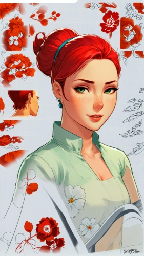 lady medic,transistor,clementine,female nurse,medical illustration,flower painting,red-haired,illustrator,red head,red petals,marguerite,nurse,ariel,rosa ' amber cover,katniss,seamstress,game illustration,cassia,bunches of rowan,nurse uniform,Unique,Design,Character Design