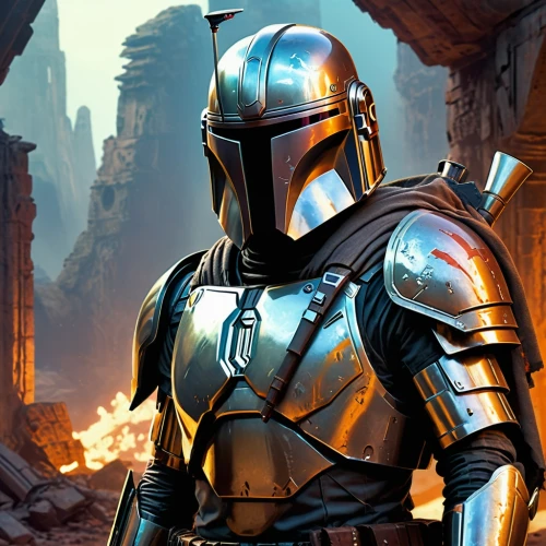 boba fett,knight armor,iron mask hero,crusader,cg artwork,spartan,armor,heavy armour,steel helmet,bot icon,c-3po,droid,armored,knight,destroy,cleanup,armour,imperial,droids,rots,Illustration,American Style,American Style 11