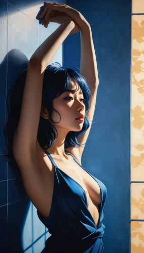 shower panel,the girl in the bathtub,art deco background,blue painting,art deco woman,blue background,portrait background,majorelle blue,shower curtain,digital compositing,shower door,digital painting,world digital painting,painting technique,meticulous painting,mural,game illustration,bathtub,gain,tiles,Illustration,Japanese style,Japanese Style 15