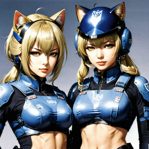 police uniforms,two cats,bad girls,kotobukiya,anime 3d,game characters,officers,policewoman,sega,police force,police officers,helmets,stand models,patrols,felines,heavy object,cosplay image,shoulder pads,cat ears,lancers,Illustration,Japanese style,Japanese Style 09