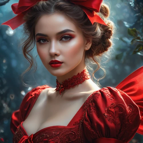 fantasy portrait,romantic portrait,red riding hood,lady in red,little red riding hood,mystical portrait of a girl,red gown,red rose,queen of hearts,red roses,fantasy art,victorian lady,man in red dress,red bow,gothic portrait,red berries,fairy tale character,fantasy picture,red butterfly,shades of red,Photography,General,Fantasy