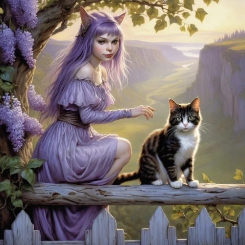 fantasy picture,ritriver and the cat,fantasy portrait,fantasy art,fairy tale character,children's fairy tale,la violetta,fairy tale,purple landscape,lilac blossom,fairytale characters,a fairy tale,faerie,faery,cat lovers,patchouli,fae,pale purple,cat image,precious lilac