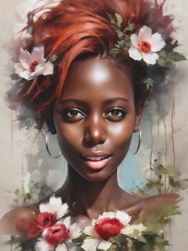 girl in a wreath,girl in flowers,flora,flower painting,oil painting on canvas,african woman,girl portrait,wreath of flowers,oil on canvas,floral wreath,flower girl,african art,oil painting,blooming wreath,portrait of a girl,boho art,african american woman,flower art,khokhloma painting,woman portrait