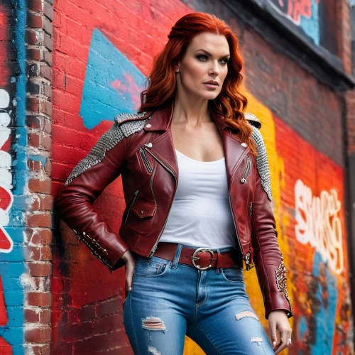 leather jacket,clary,bolero jacket,red brick wall,brie,leather,red hood,red head,jacket,red bricks,redhair,red hair,harley,xmen,renegade,red brick,mary jane,jean jacket,red tones,brick background,Photography,General,Fantasy