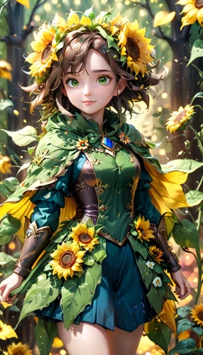 woodland sunflower,sunflower coloring,sunflower paper,sunflowers,sunflower field,sunflower,arnica,autumn daisy,flora,fae,dryad,autumn chrysanthemum,marguerite,chrysanths,falling flowers,autumn flower,rudbeckia,autumn background,forest clover,girl in flowers,Anime,Anime,Cartoon