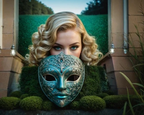 with the mask,conceptual photography,anonymous mask,without the mask,heather green,gold mask,two face,masquerade,photoshop manipulation,wooden mask,mask,golden mask,photo manipulation,blonde woman,anonymous,masked,wicked,magnolieacease,femme fatale,hollywood actress