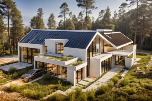eco-construction,timber house,solar panels,house in the forest,danish house,grass roof,energy efficiency,cubic house,solar power,solar photovoltaic,smart home,smart house,solar energy,folding roof,inverted cottage,wooden house,modern architecture,dunes house,solar batteries,metal roof,Photography,General,Realistic
