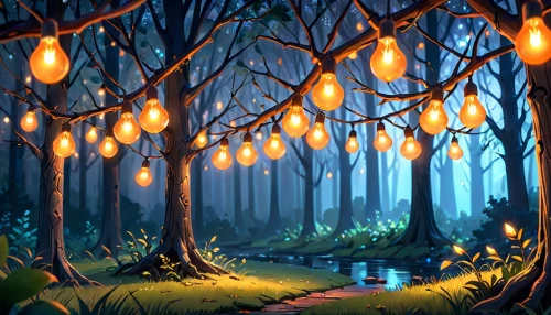 fireflies,cartoon forest,enchanted forest,cartoon video game background,fairy forest,elven forest,forest background,forest glade,tree grove,fairy lanterns,lanterns,fairy lights,forest,forest of dreams,the forest,forest landscape,fairytale forest,ambient lights,forest path,mushroom landscape,Anime,Anime,Cartoon