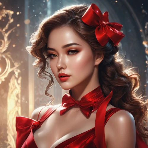 scarlet witch,red bow,lady in red,fantasy portrait,queen of hearts,man in red dress,red rose,red gown,world digital painting,fantasy art,red gift,portrait background,romantic portrait,fantasy picture,christmas pin up girl,red roses,red ribbon,girl in red dress,red magnolia,pin up christmas girl,Photography,Artistic Photography,Artistic Photography 15
