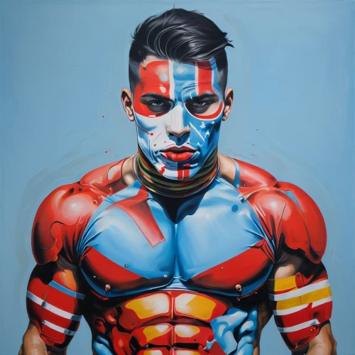 bodypainting,body painting,bodypaint,neon body painting,body art,wrestler,blue demon,lucha libre,captain america,muscular system,harlequin,face paint,latino,capitanamerica,red-blue,atom,boxer,cyborg,high-wire artist,oil on canvas,Illustration,Realistic Fantasy,Realistic Fantasy 24